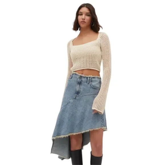 STRADIVARIUS | Blue | ASYMMETRIC DENIM SKIRT WITH RUFFLE TRIM - Picture 8 of 15